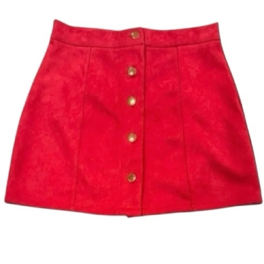 Red Faux Suede Mini Skirt Gold Button Front Y2K Preppy Festival Western Medium